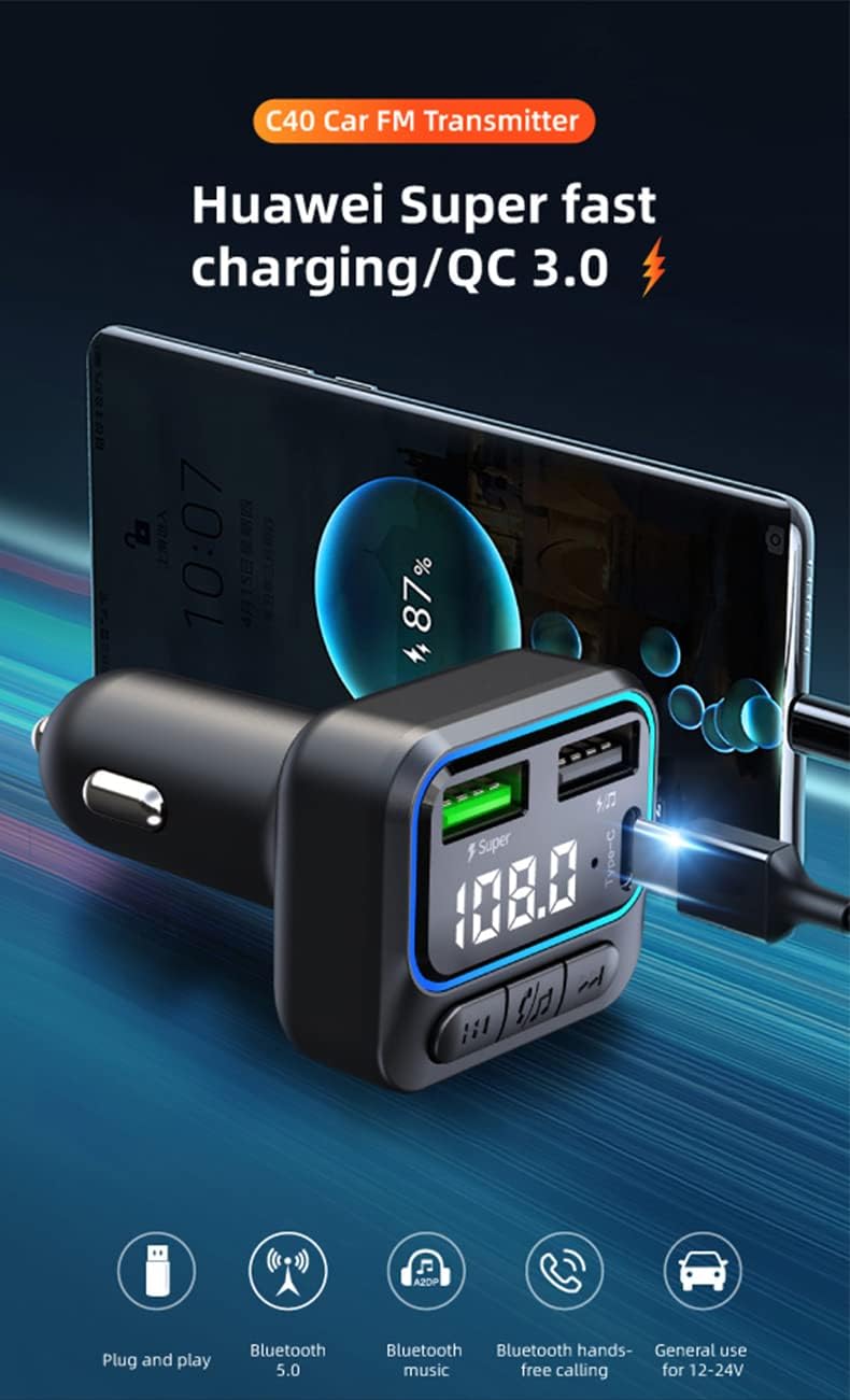 OHITEC Bluetooth 5.0 FM Transmitter for Car, Hands Free Calling, LED Screens Display, QC3.0 & PD 22.5W Quick Charger & Lossless Audio Quality Car Radio Bluetooth Adapter, Support USB Disk (C40) - Image 2